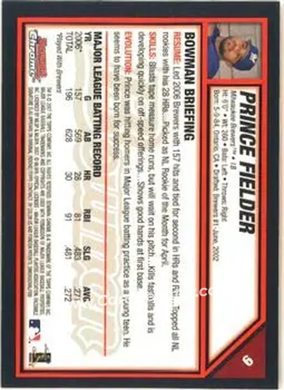 2007 Bowman Chrome #9 - Prince Fielder - Milwaukee Brewers - Back