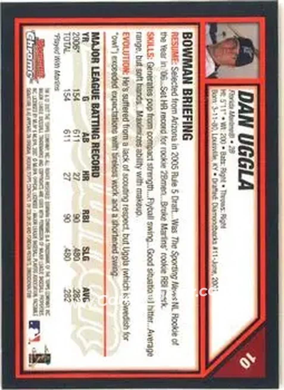 2007 Bowman Chrome #10 - Dan Uggla - Florida Marlins - Back