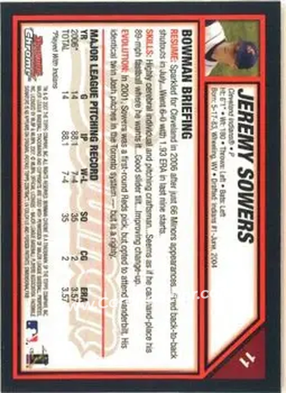 2007 Bowman Chrome #11 - Jeremy Sowers - Cleveland Indians - Back 2007 Bowman Chrome #11 - Jeremy Sowers - Cleveland Indians - Back