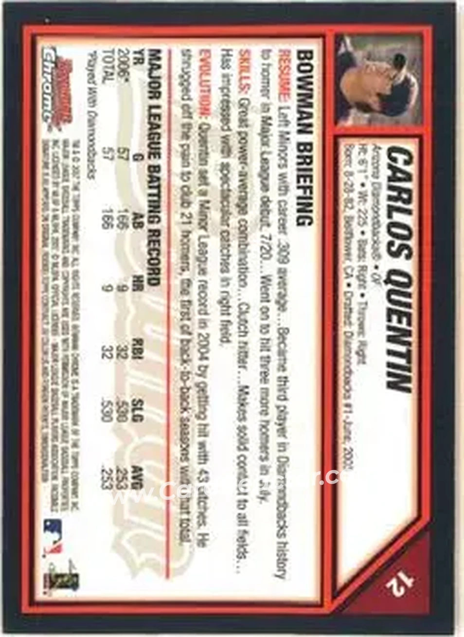 2007 Bowman Chrome #12 - Carlos Quentin - Arizona Diamondbacks - Back