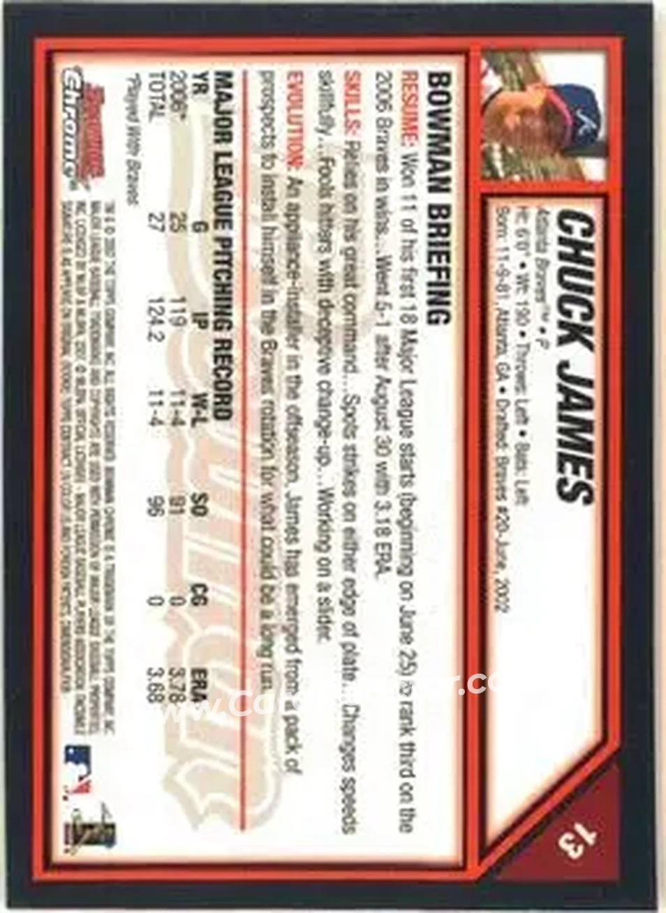 2007 Bowman Chrome #13 - Chuck James - Atlanta Braves - Back