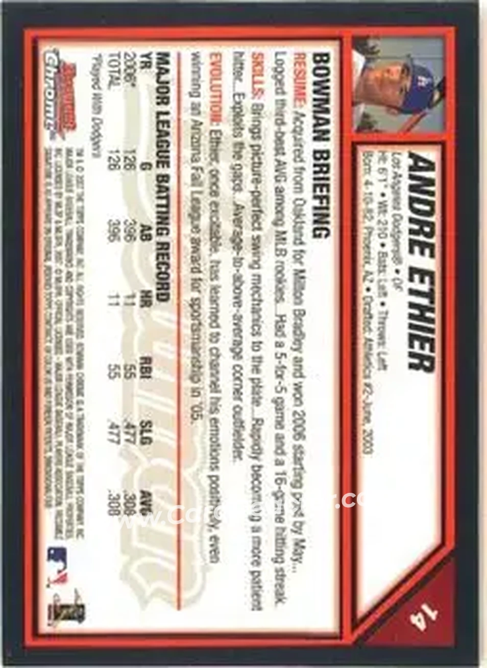 2007 Bowman Chrome #14 - Andre Ethier - Los Angeles Dodgers - Back
