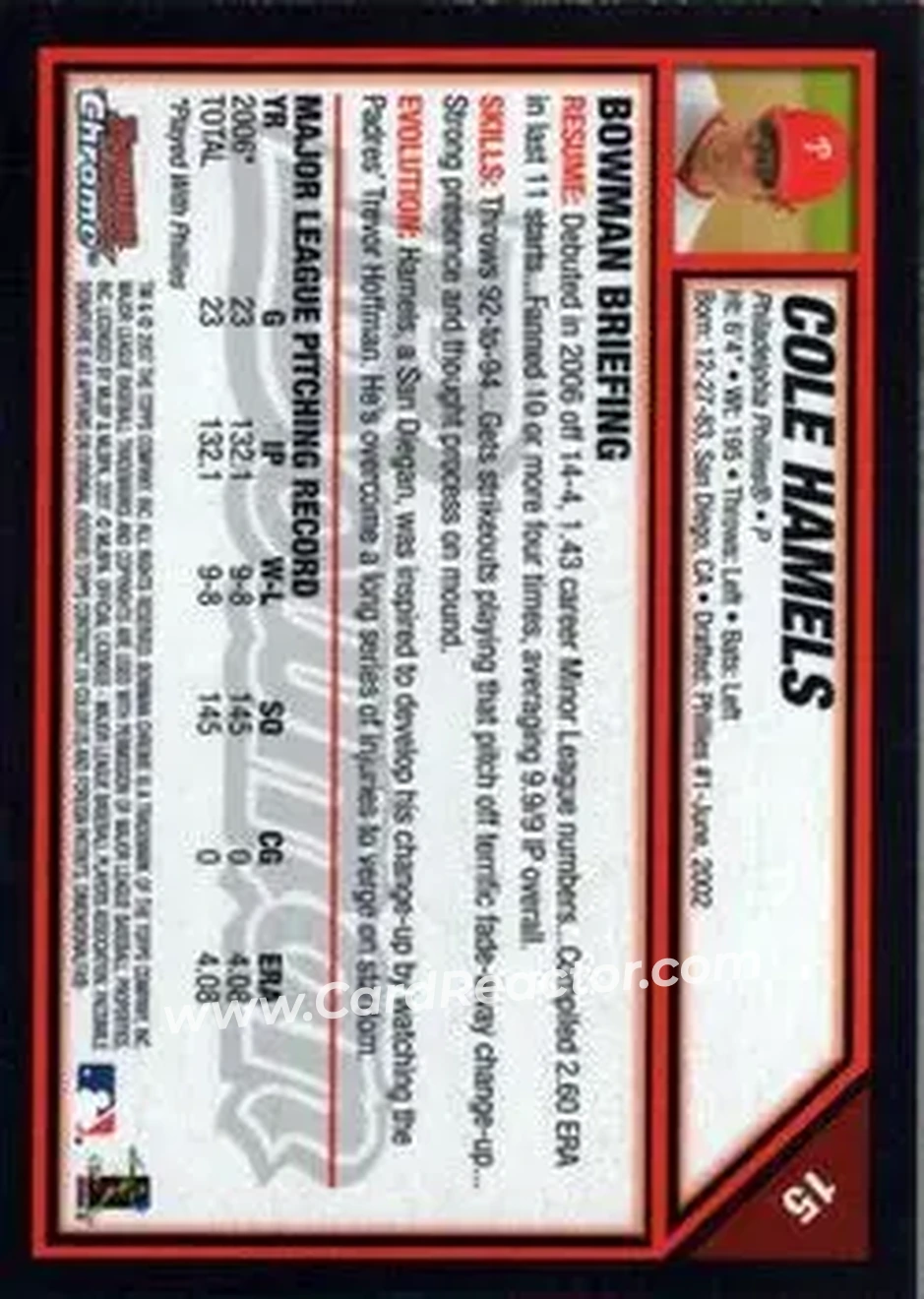 2007 Bowman Chrome #15 - Cole Hamels - Philadelphia Phillies - Back