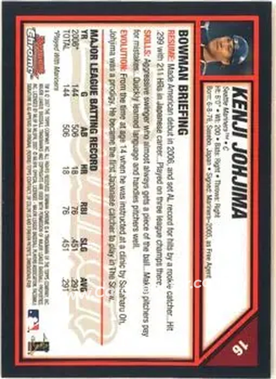 2007 Bowman Chrome #16 - Kenji Johjima - Seattle Mariners - Back 2007 Bowman Chrome #16 - Kenji Johjima - Seattle Mariners - Back
