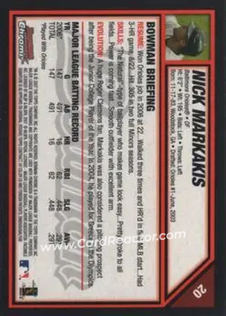 2007 Bowman Chrome #20 - Nick Markakis - Baltimore Orioles - Back