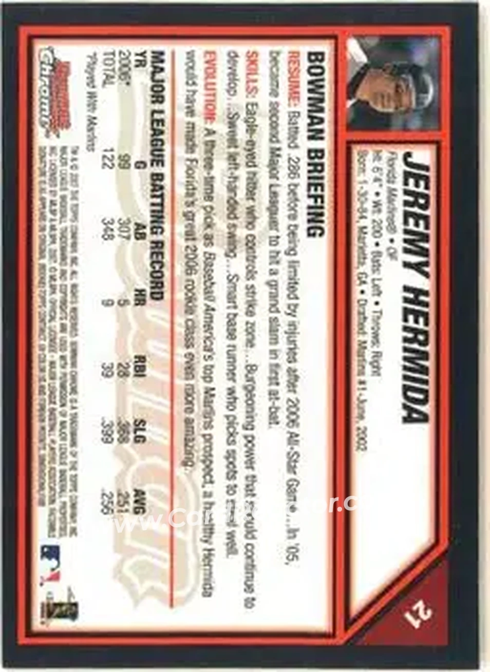 2007 Bowman Chrome #21 - Jeremy Hermida - Florida Marlins - Back