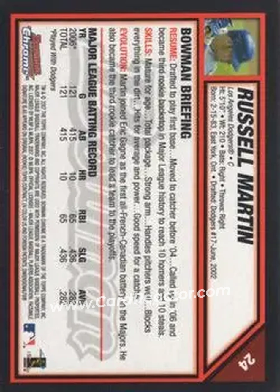 2007 Bowman Chrome #24 - Russell Martin - Los Angeles Dodgers - Back 2007 Bowman Chrome #24 - Russell Martin - Los Angeles Dodgers - Back