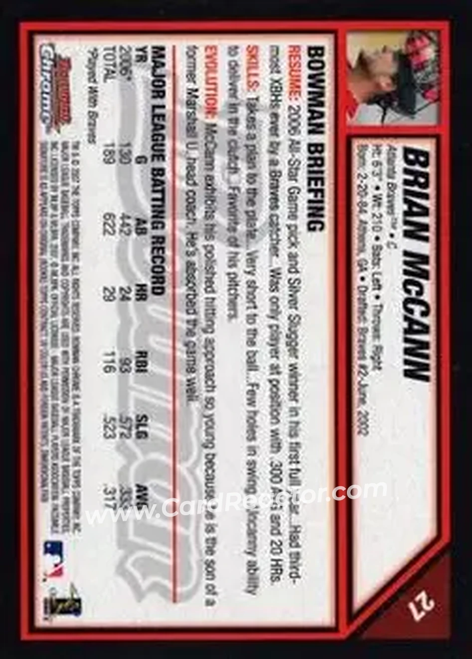 2007 Bowman Chrome #27 - Brian McCann - Atlanta Braves - Back