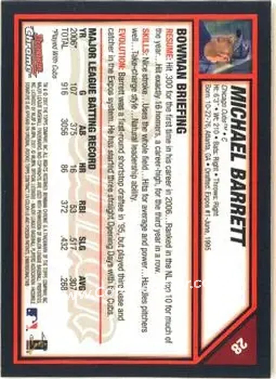 2007 Bowman Chrome #28 - Michael Barrett - Chicago Cubs - Back 2007 Bowman Chrome #28 - Michael Barrett - Chicago Cubs - Back