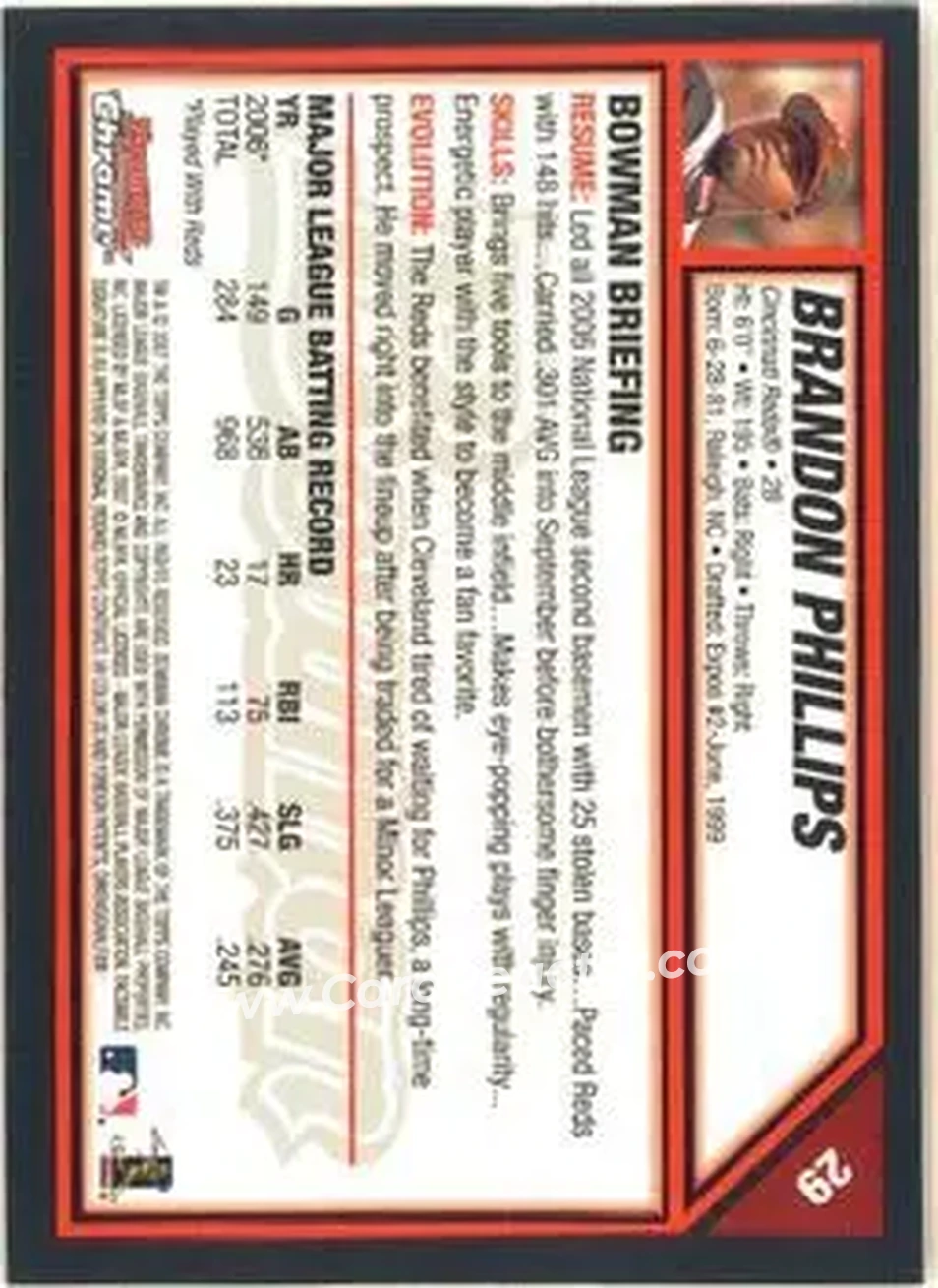 2007 Bowman Chrome #29 - Brandon Phillips - Cincinnati Reds - Back