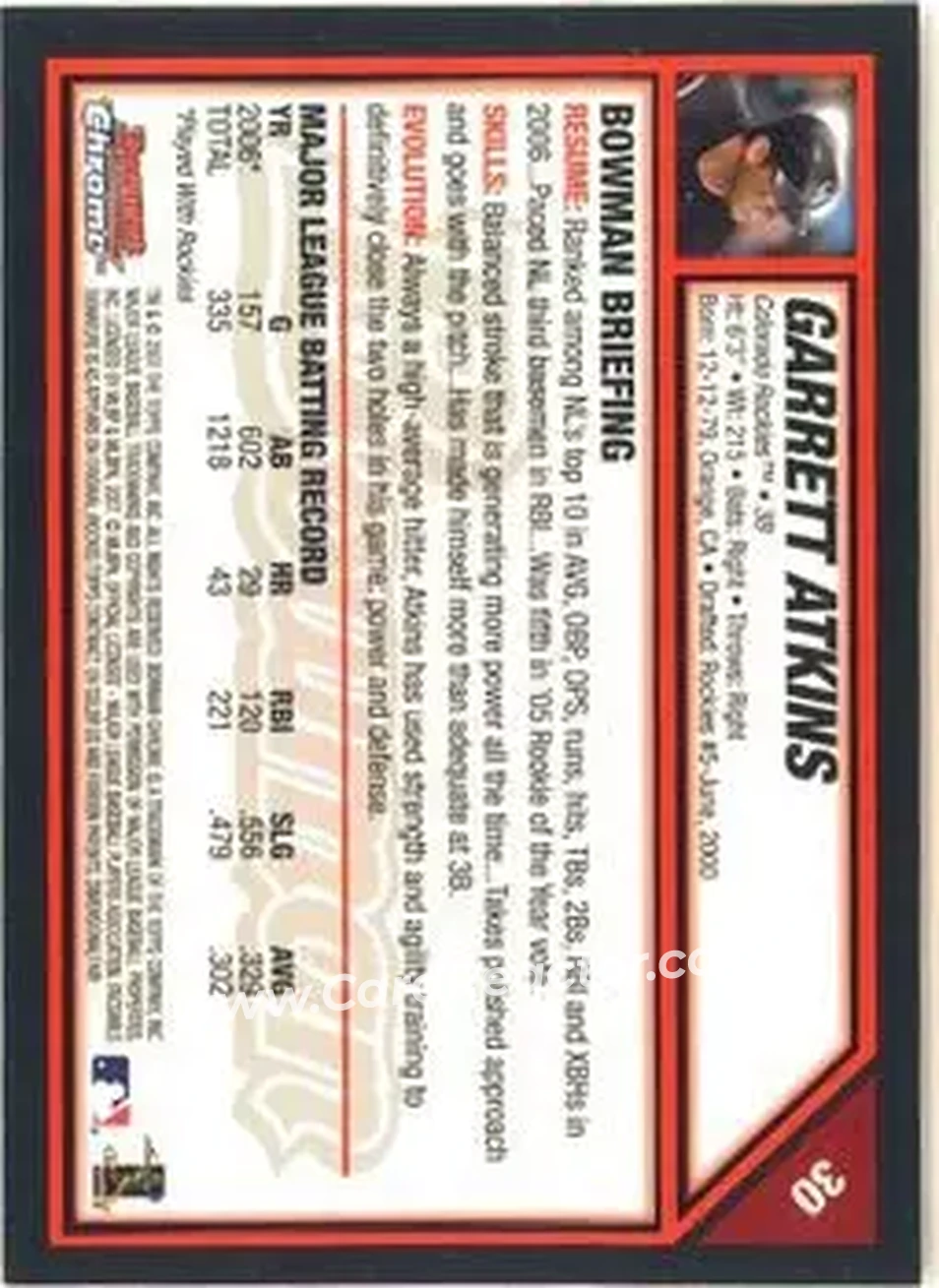 2007 Bowman Chrome #30 - Garrett Atkins - Colorado Rockies - Back