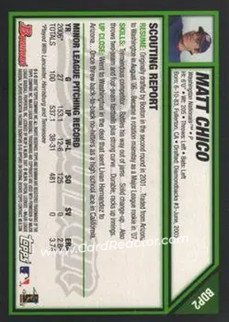 2007 Bowman Draft Picks & Prospects #BDP2 - Matt Chico - Washington Nationals - Back