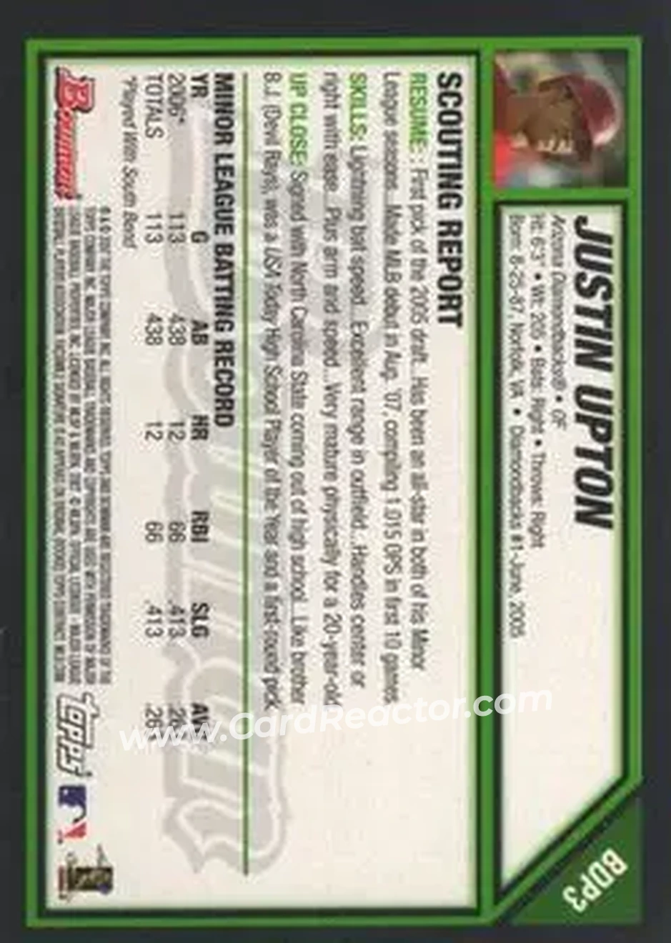 2007 Bowman Draft Picks & Prospects #BDP3 - Justin Upton - Arizona Diamondbacks - Back