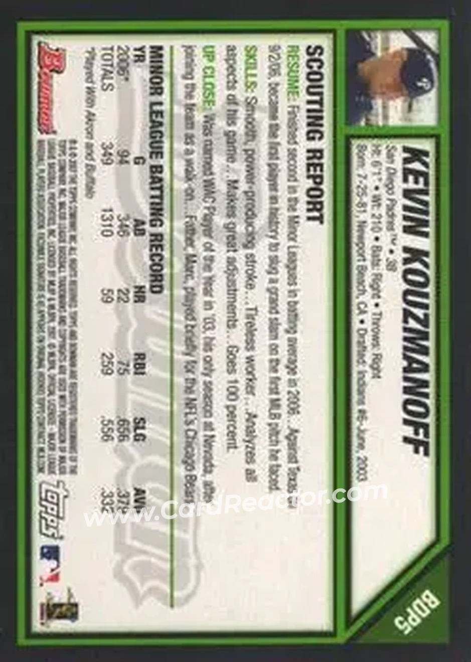 2007 Bowman Draft Picks & Prospects #BDP5 - Kevin Kouzmanoff - San Diego Padres - Back 2007 Bowman Draft Picks & Prospects #BDP5 - Kevin Kouzmanoff - San Diego Padres - Back