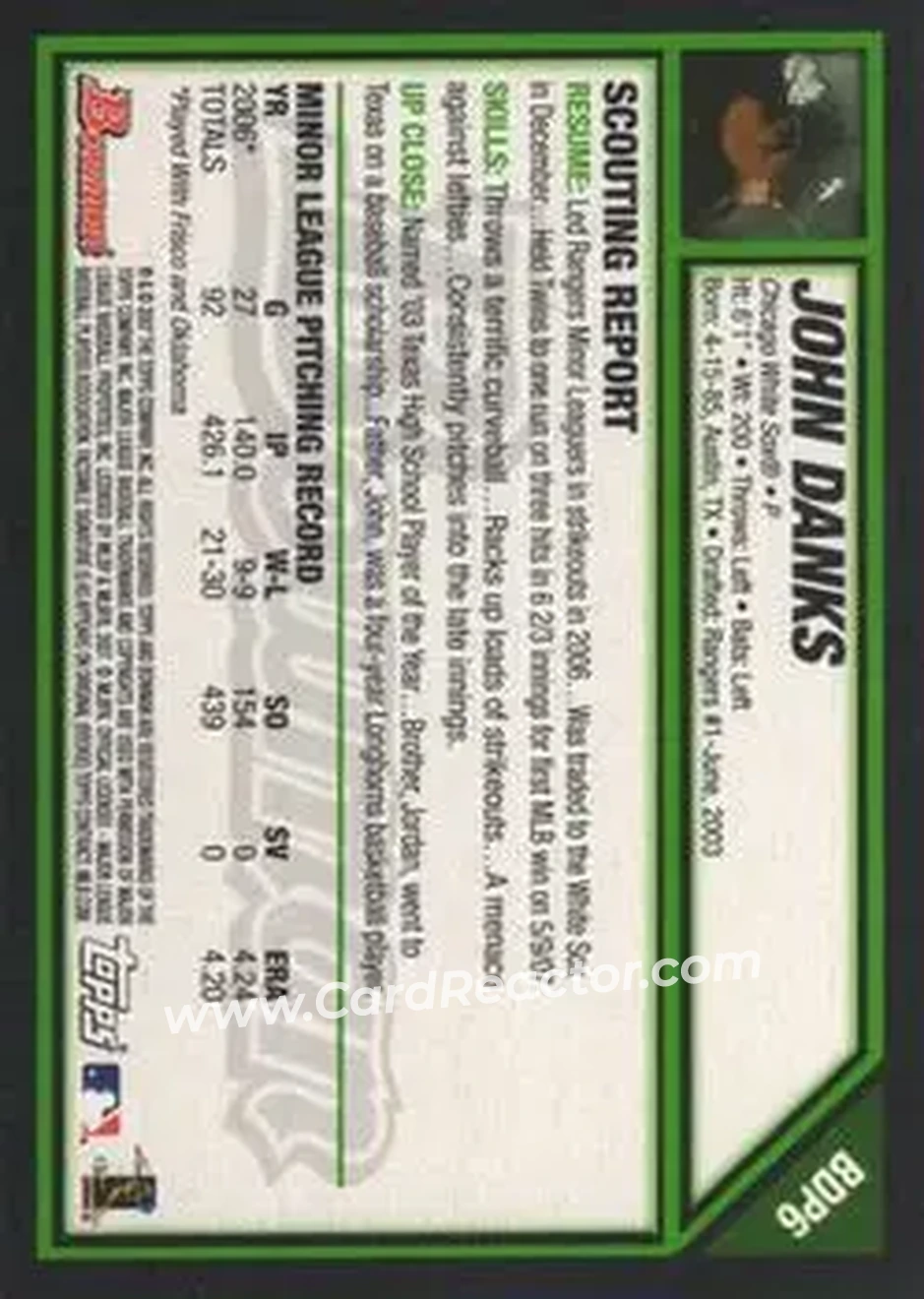 2007 Bowman Draft Picks & Prospects #BDP6 - John Danks - Chicago White Sox - Back