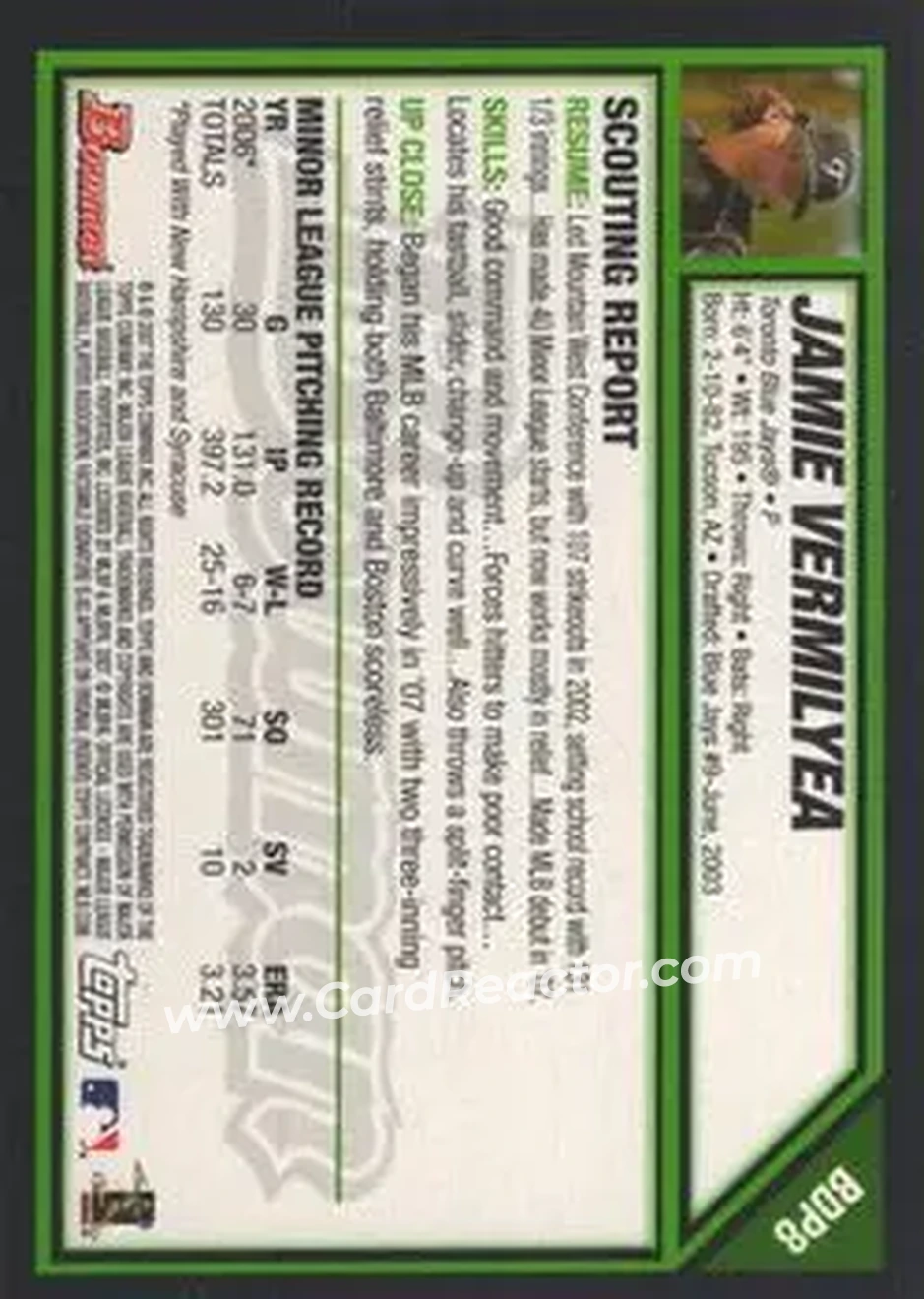 2007 Bowman Draft Picks & Prospects #BDP8 - Jamie Vermilyea - Toronto Blue Jays - Back 2007 Bowman Draft Picks & Prospects #BDP8 - Jamie Vermilyea - Toronto Blue Jays - Back