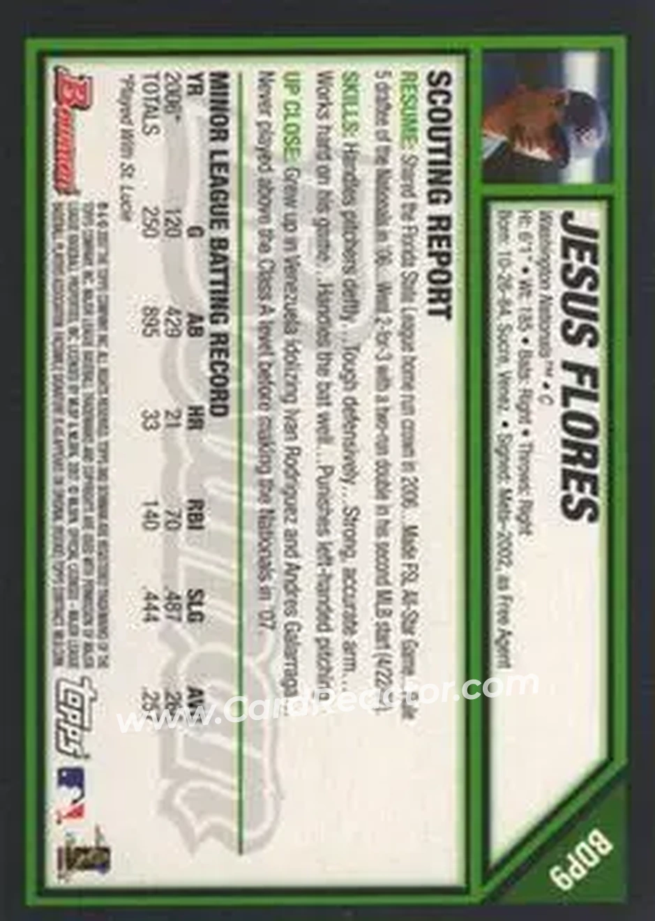 2007 Bowman Draft Picks & Prospects #BDP9 - Jesus Flores - Washington Nationals - Back 2007 Bowman Draft Picks & Prospects #BDP9 - Jesus Flores - Washington Nationals - Back