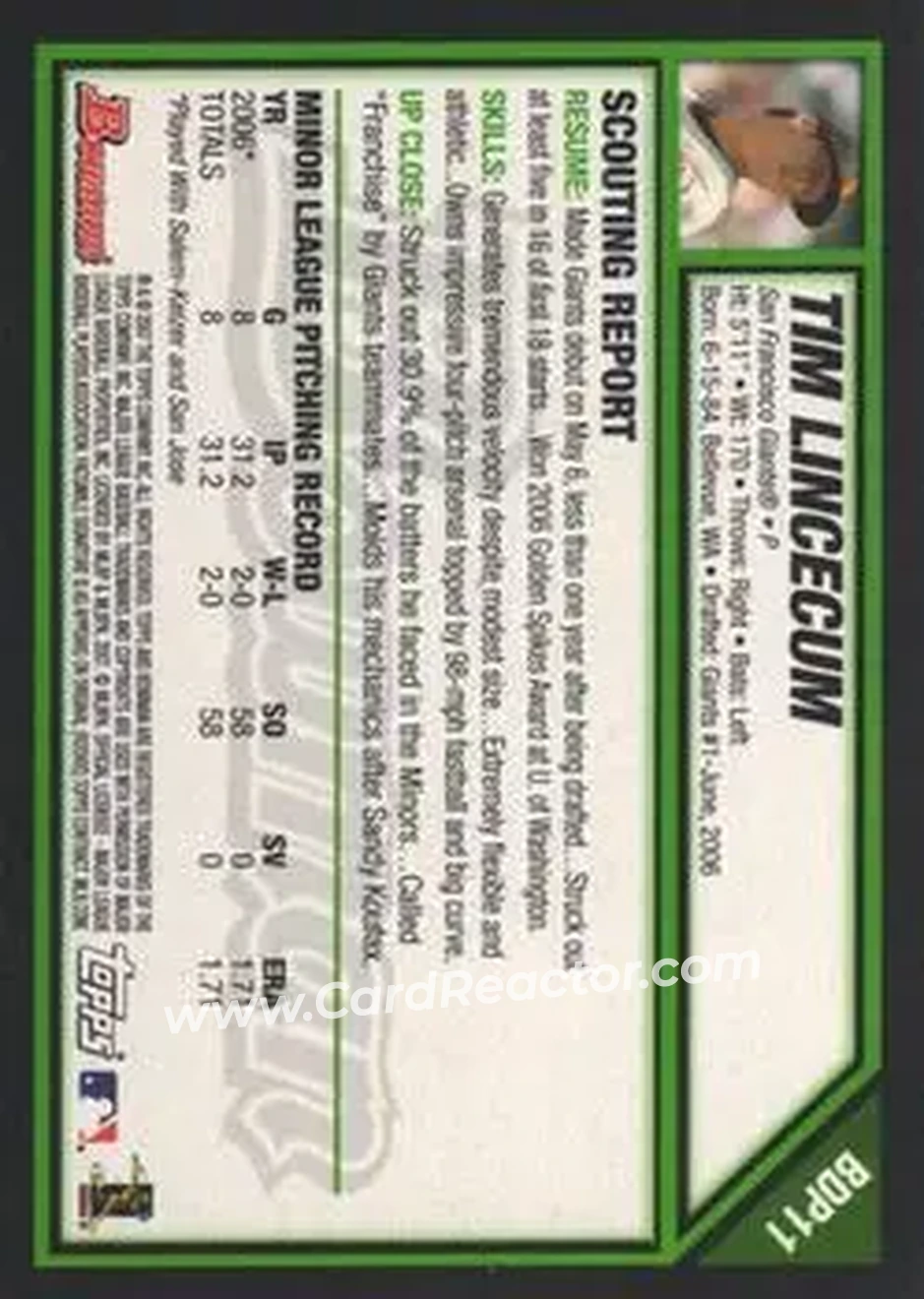 2007 Bowman Draft Picks & Prospects #BDP11 - Tim Lincecum - San Francisco Giants - Back