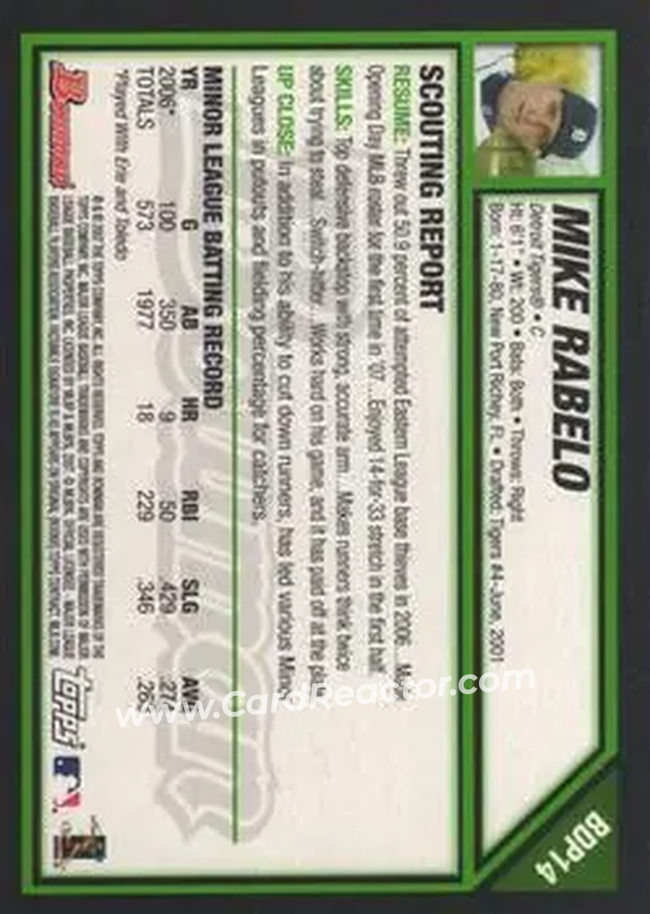 2007 Bowman Draft Picks & Prospects #BDP14 - Mike Rabelo - Detroit Tigers - Back