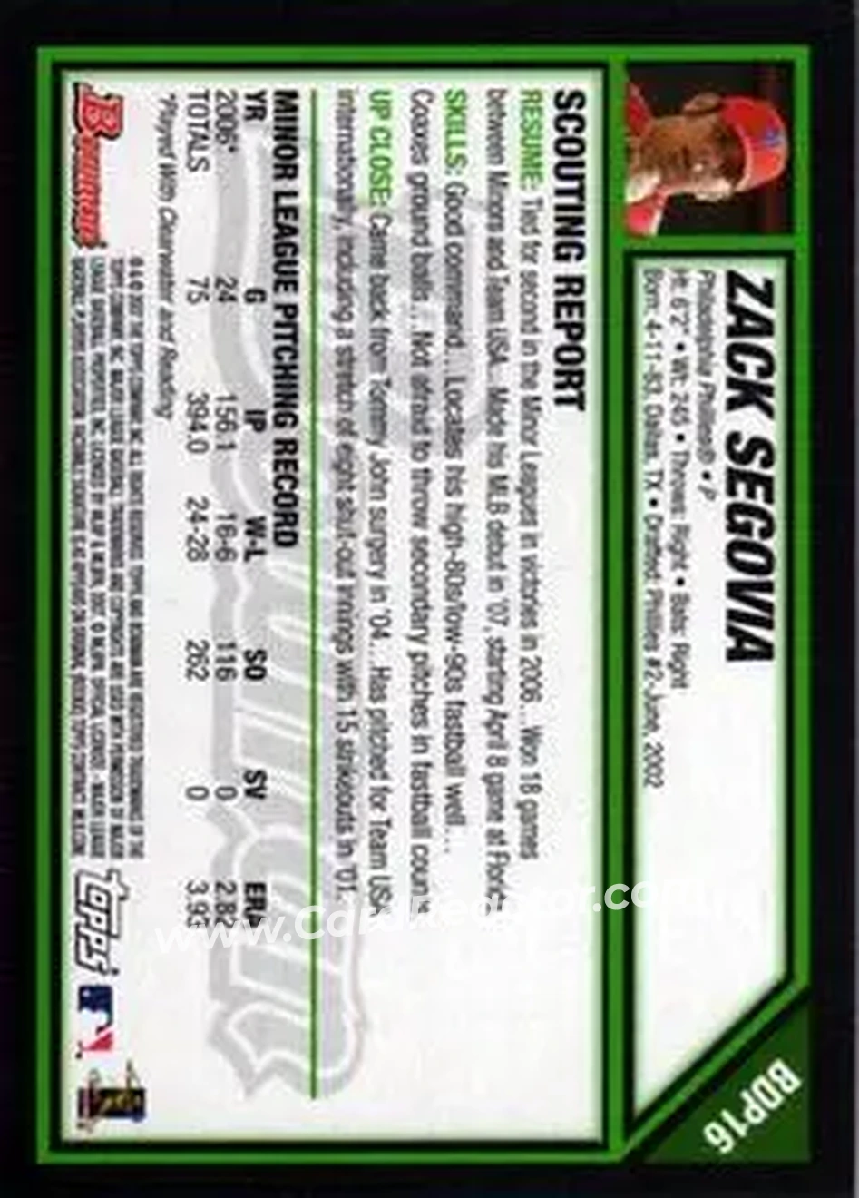 2007 Bowman Draft Picks & Prospects #BDP16 - Zack Segovia - Philadelphia Phillies - Back