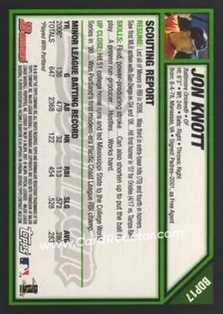 2007 Bowman Draft Picks & Prospects #BDP17 - Jon Knott - Baltimore Orioles - Back