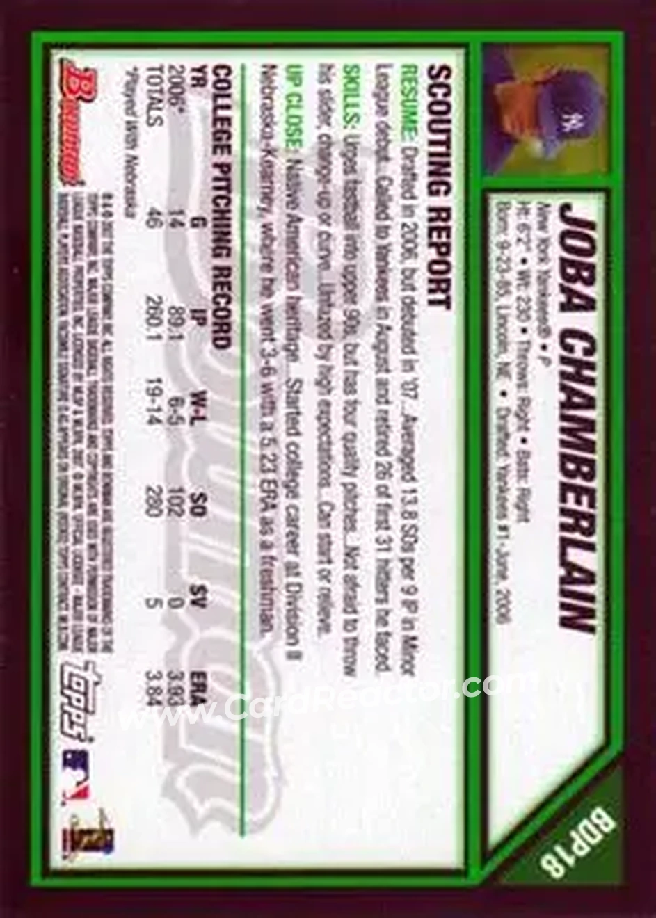2007 Bowman Draft Picks & Prospects #BDP18 - Joba Chamberlain - New York Yankees - Back