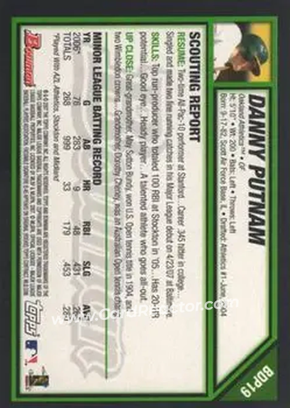 2007 Bowman Draft Picks & Prospects #BDP19 - Danny Putnam - Oakland Athletics - Back