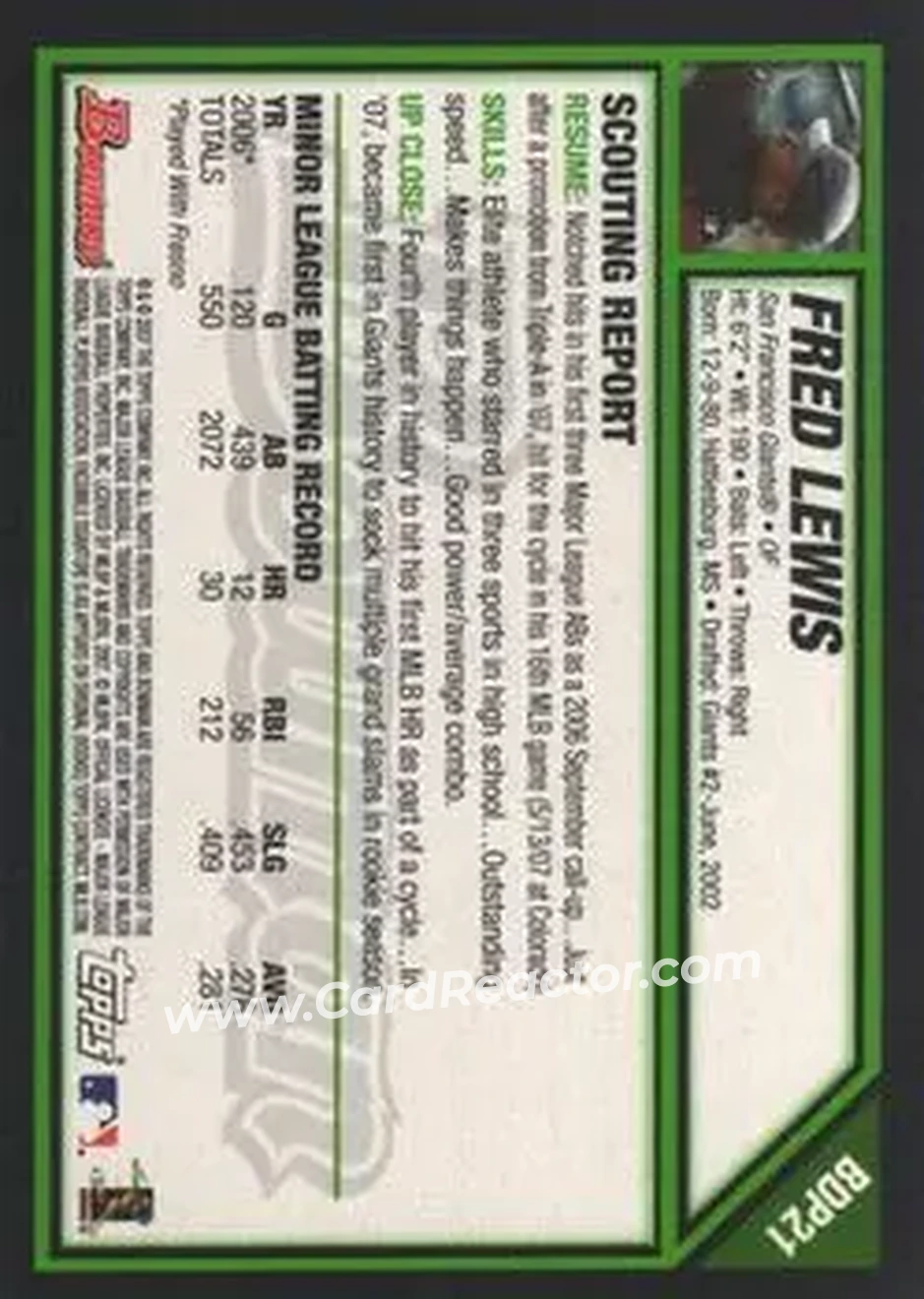 2007 Bowman Draft Picks & Prospects #BDP21 - Fred Lewis - San Francisco Giants - Back