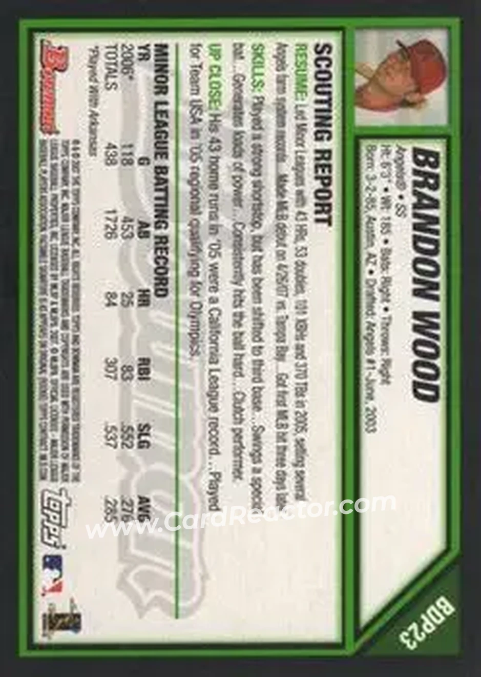 2007 Bowman Draft Picks & Prospects #BDP23 - Brandon Wood - Los Angeles Angels - Back 2007 Bowman Draft Picks & Prospects #BDP23 - Brandon Wood - Los Angeles Angels - Back
