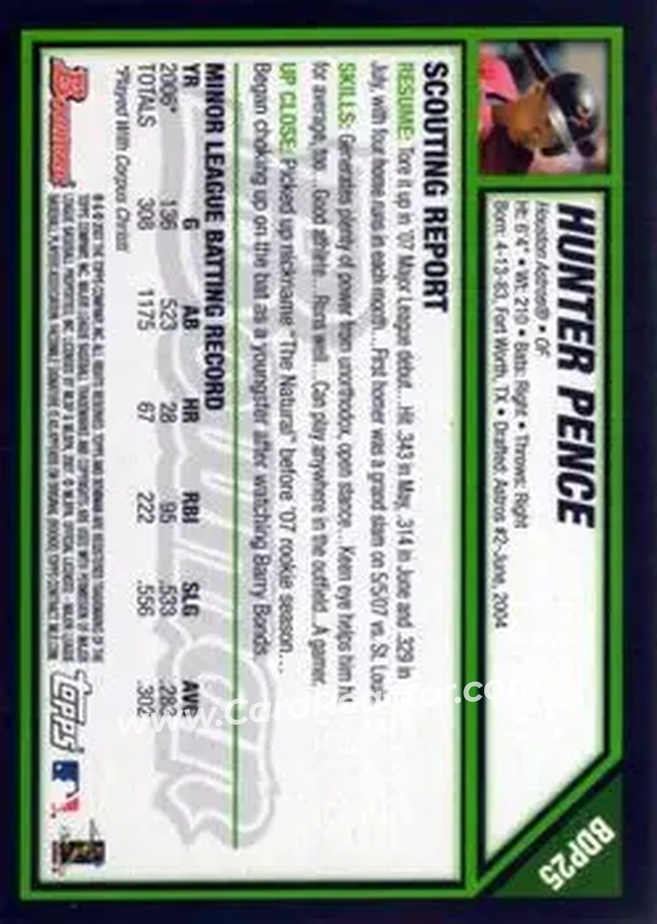 2007 Bowman Draft Picks & Prospects #BDP25 - Hunter Pence - Houston Astros - Back