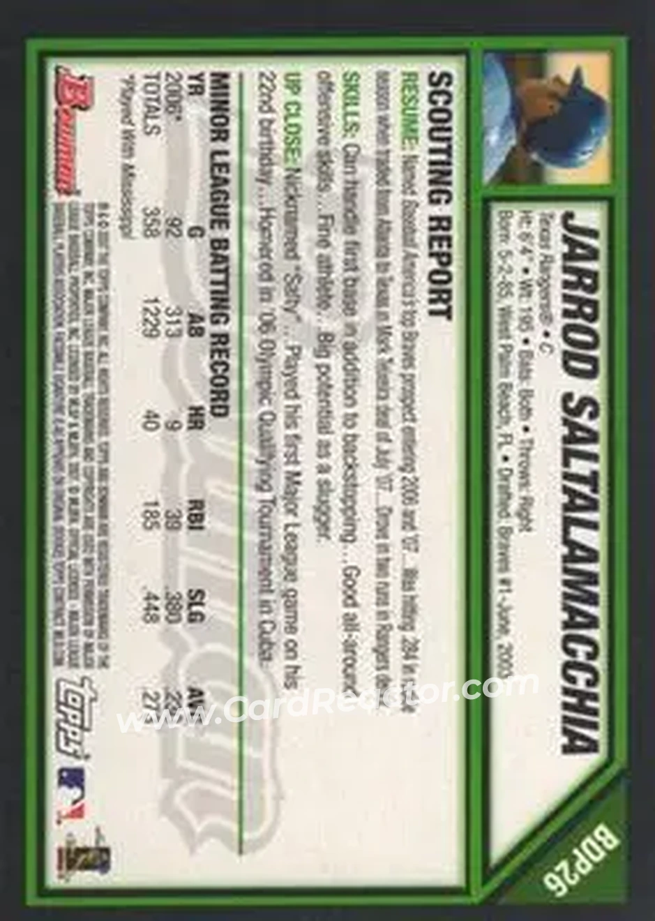 2007 Bowman Draft Picks & Prospects #BDP26 - Jarrod Saltalamacchia - Texas Rangers - Back 2007 Bowman Draft Picks & Prospects #BDP26 - Jarrod Saltalamacchia - Texas Rangers - Back