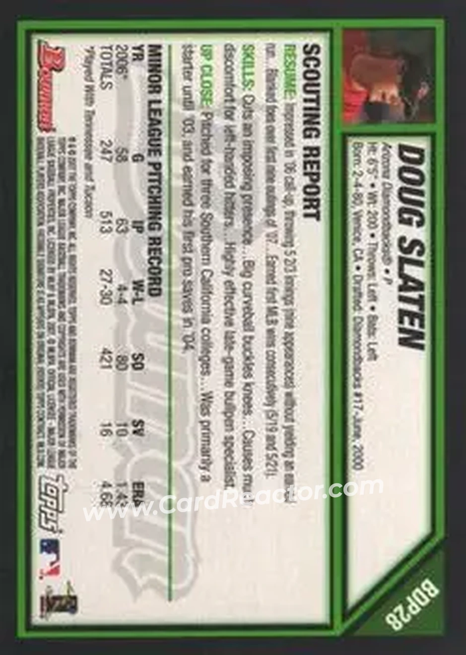2007 Bowman Draft Picks & Prospects #BDP28 - Doug Slaten - Arizona Diamondbacks - Back 2007 Bowman Draft Picks & Prospects #BDP28 - Doug Slaten - Arizona Diamondbacks - Back