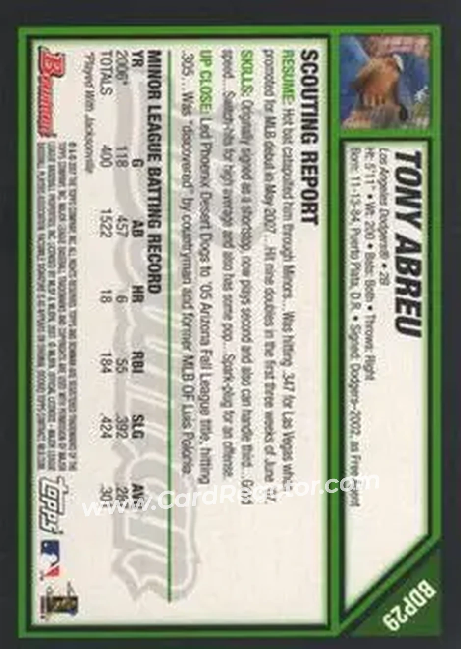 2007 Bowman Draft Picks & Prospects #BDP29 - Tony Abreu - Los Angeles Dodgers - Back