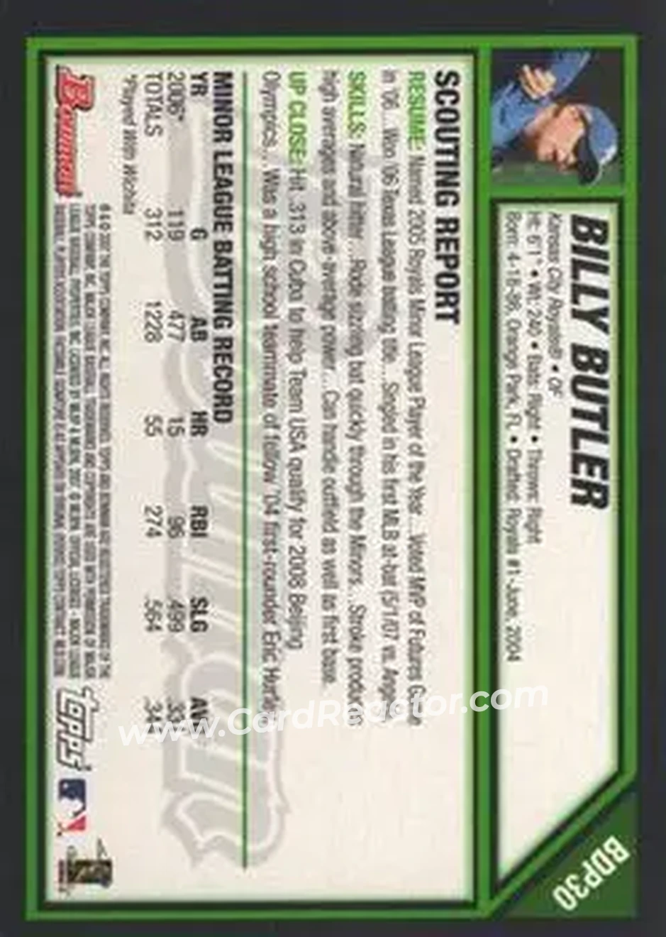 2007 Bowman Draft Picks & Prospects #BDP30 - Billy Butler - Kansas City Royals - Back