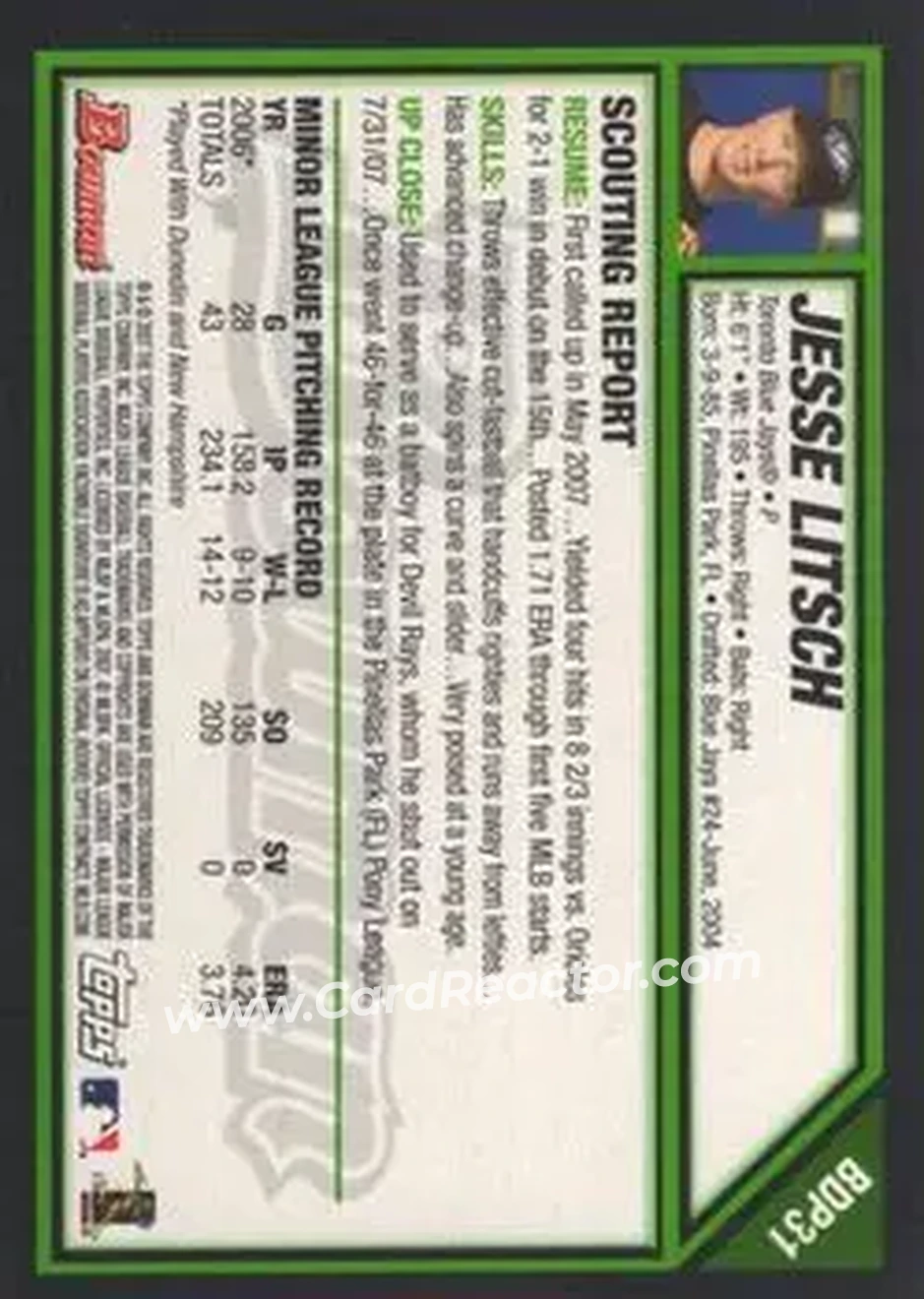 2007 Bowman Draft Picks & Prospects #BDP31 - Jesse Litsch - Toronto Blue Jays - Back
