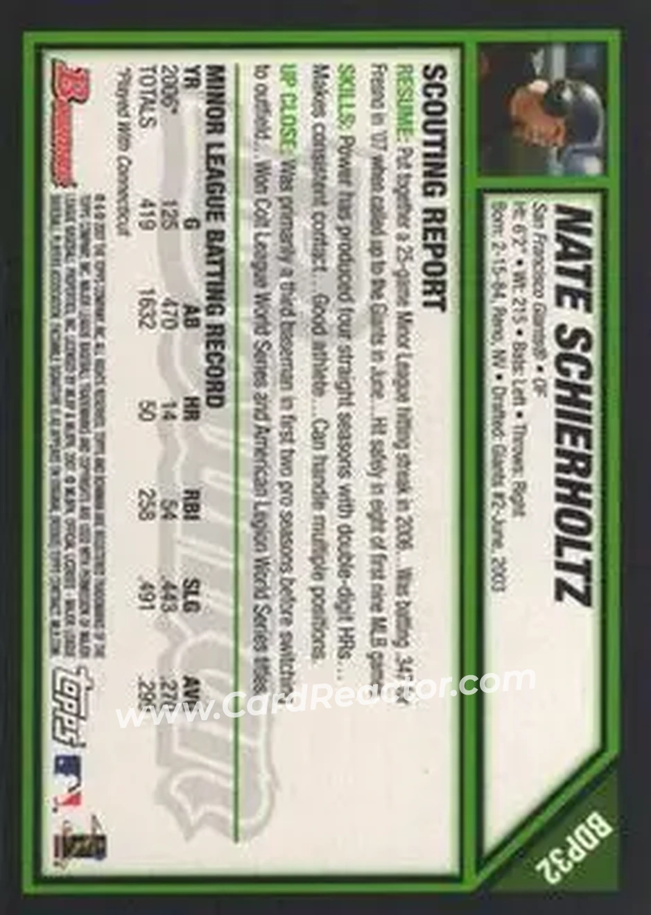 2007 Bowman Draft Picks & Prospects #BDP32 - Nate Schierholtz - San Francisco Giants - Back 2007 Bowman Draft Picks & Prospects #BDP32 - Nate Schierholtz - San Francisco Giants - Back