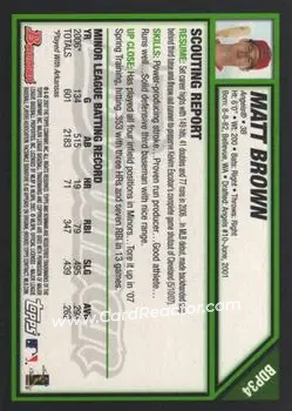 2007 Bowman Draft Picks & Prospects #BDP34 - Matt Brown - Los Angeles Angels - Back