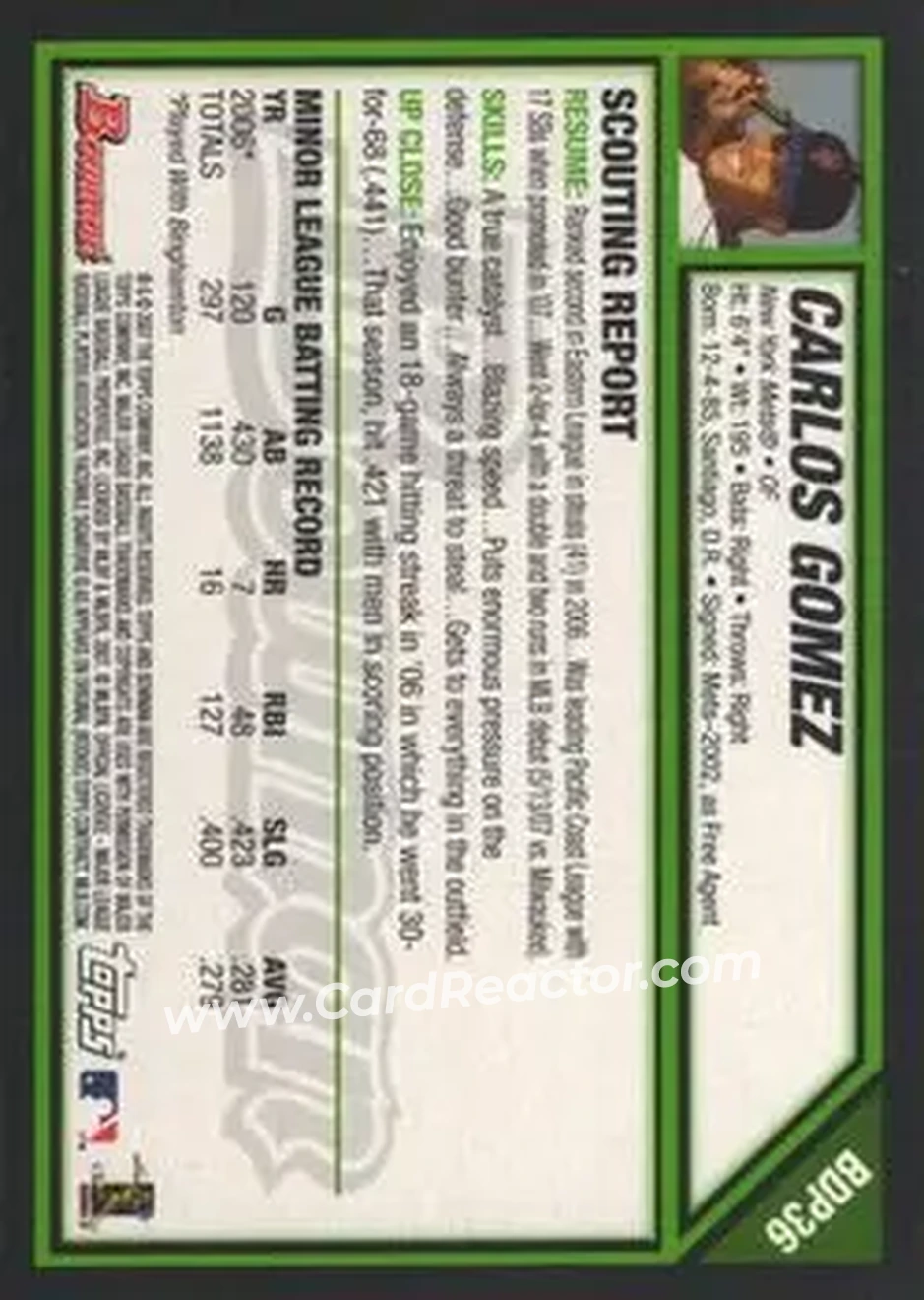 2007 Bowman Draft Picks & Prospects #BDP36 - Carlos Gomez - New York Mets - Back