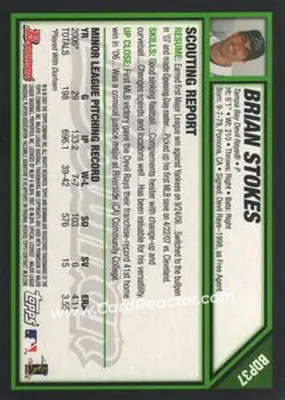 2007 Bowman Draft Picks & Prospects #BDP37 - Brian Stokes - Tampa Bay Devil Rays - Back