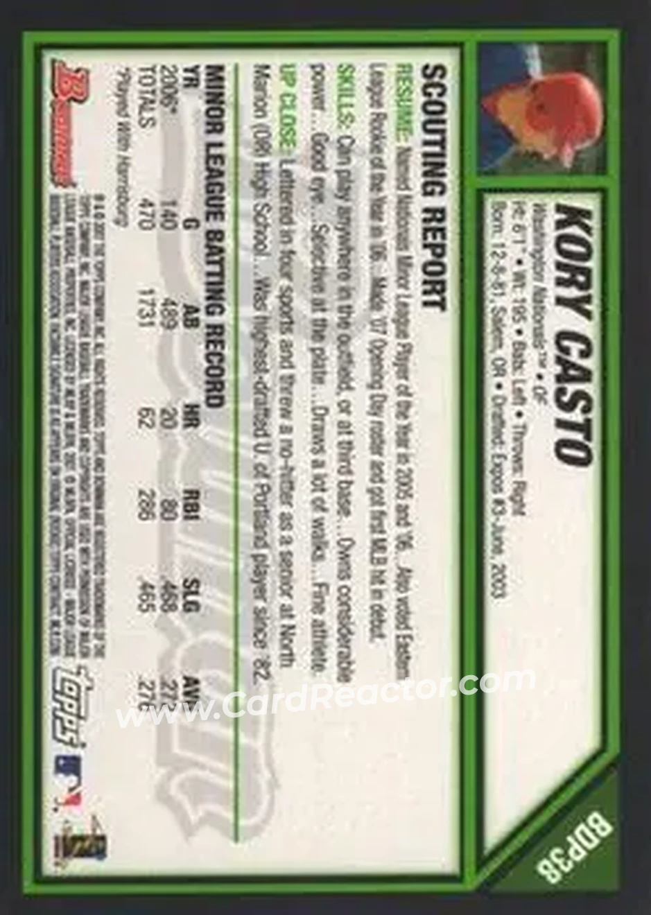 2007 Bowman Draft Picks & Prospects #BDP38 - Kory Casto - Washington Nationals - Back