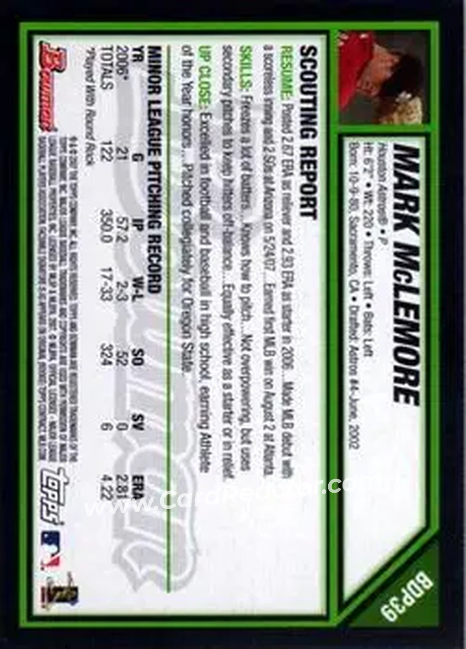 2007 Bowman Draft Picks & Prospects #BDP39 - Mark McLemore - Houston Astros - Back