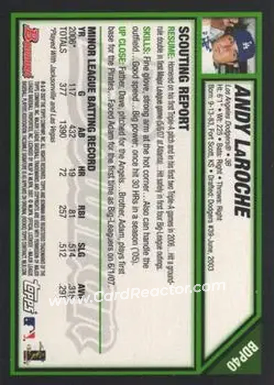 2007 Bowman Draft Picks & Prospects #BDP40 - Andy LaRoche - Los Angeles Dodgers - Back