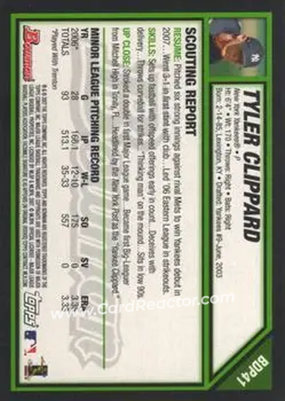 2007 Bowman Draft Picks & Prospects #BDP41 - Tyler Clippard - New York Yankees - Back