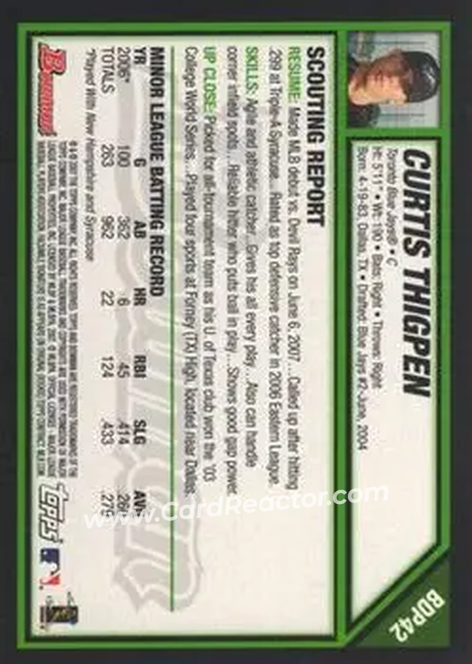 2007 Bowman Draft Picks & Prospects #BDP42 - Curtis Thigpen - Toronto Blue Jays - Back 2007 Bowman Draft Picks & Prospects #BDP42 - Curtis Thigpen - Toronto Blue Jays - Back