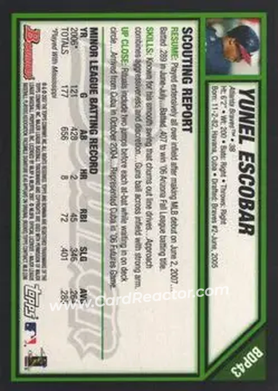 2007 Bowman Draft Picks & Prospects #BDP43 - Yunel Escobar - Atlanta Braves - Back