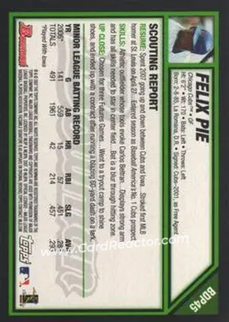 2007 Bowman Draft Picks & Prospects #BDP45 - Felix Pie - Chicago Cubs - Back 2007 Bowman Draft Picks & Prospects #BDP45 - Felix Pie - Chicago Cubs - Back