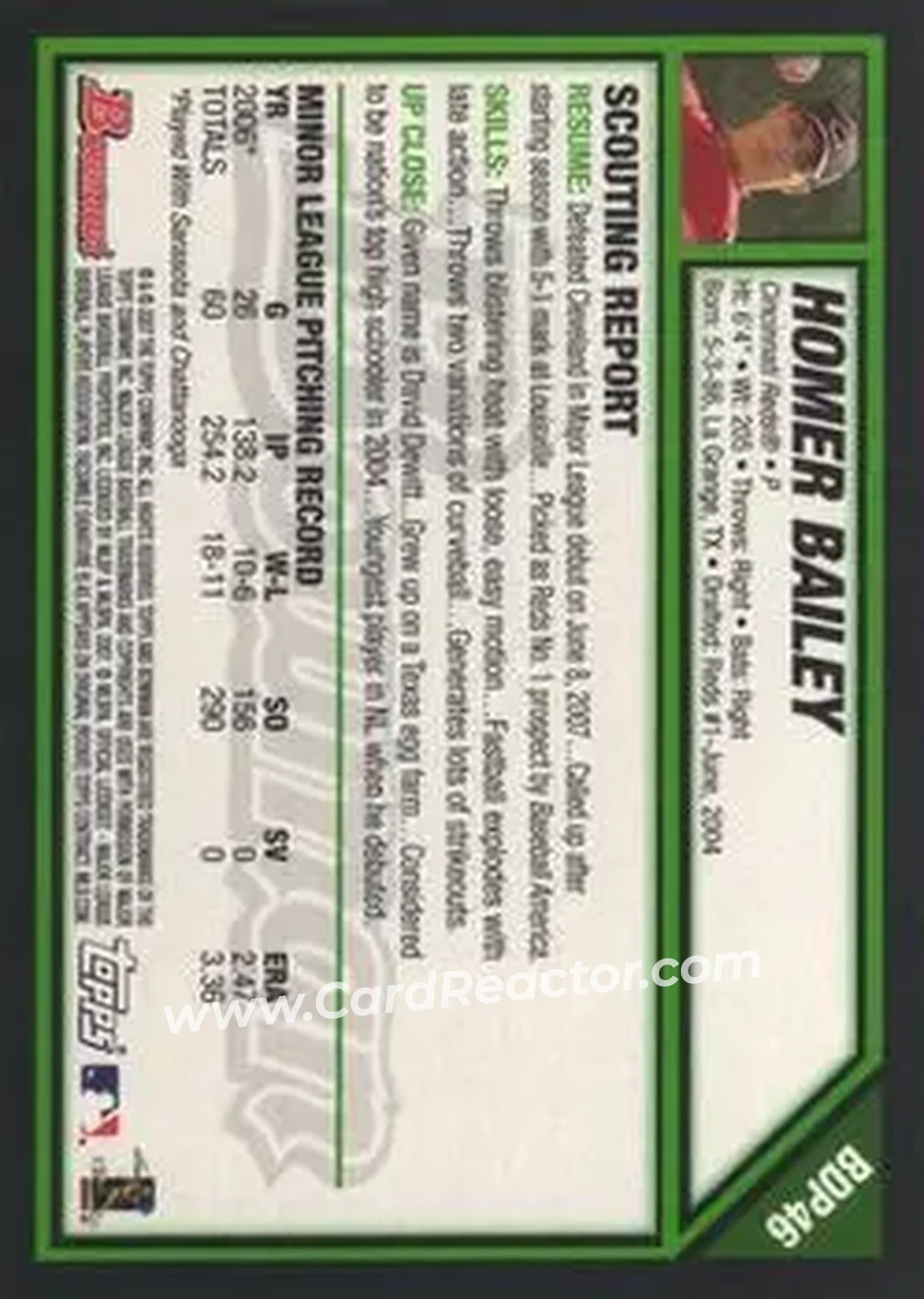 2007 Bowman Draft Picks & Prospects #BDP46 - Homer Bailey - Cincinnati Reds - Back