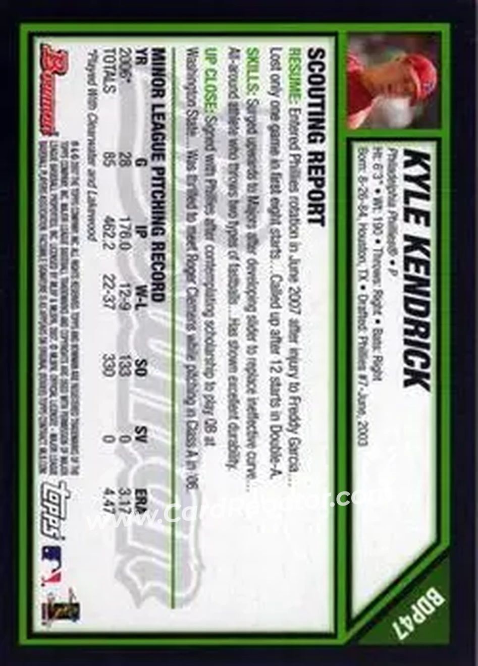 2007 Bowman Draft Picks & Prospects #BDP47 - Kyle Kendrick - Philadelphia Phillies - Back