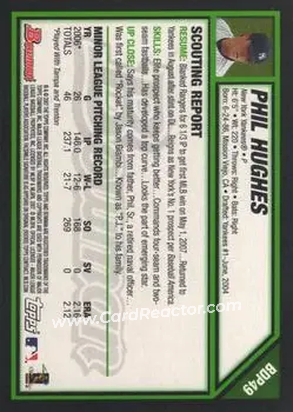 2007 Bowman Draft Picks & Prospects #BDP49 - Phil Hughes - New York Yankees - Back