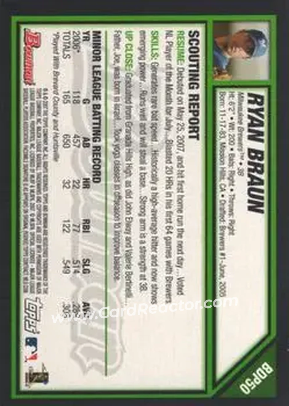 2007 Bowman Draft Picks & Prospects #BDP50 - Ryan Braun - Milwaukee Brewers - Back